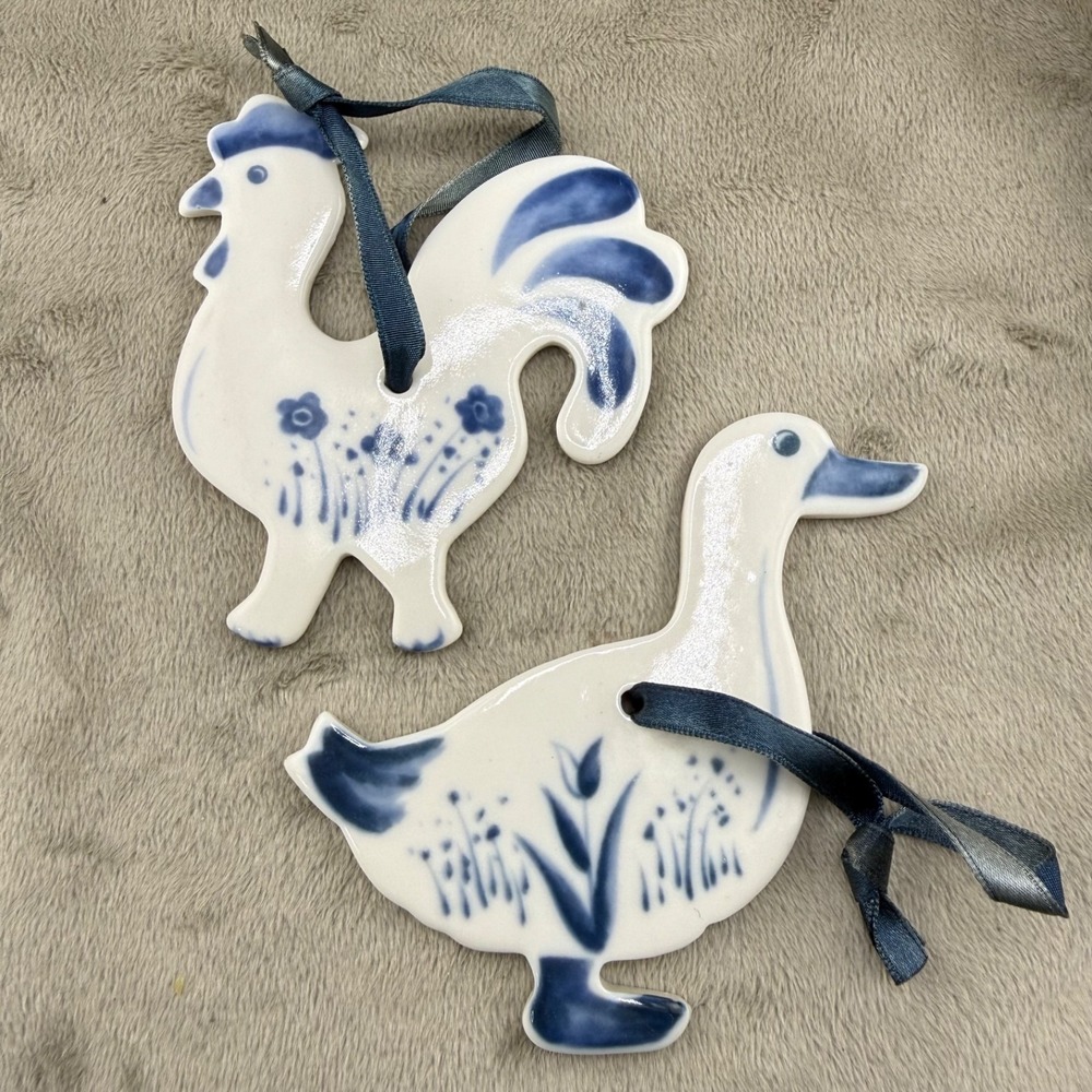Vintage Russ Ornament  Ceramic Glazed Duck Rooster County Blue 90s